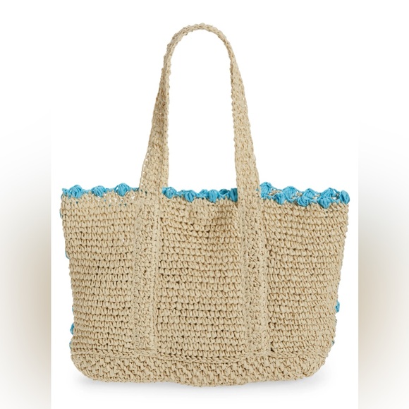 btb Los Angeles Handbags - btb Los Angeles Lisbeth Pompom Straw Tote Beach Bag with contrast trim in aqua